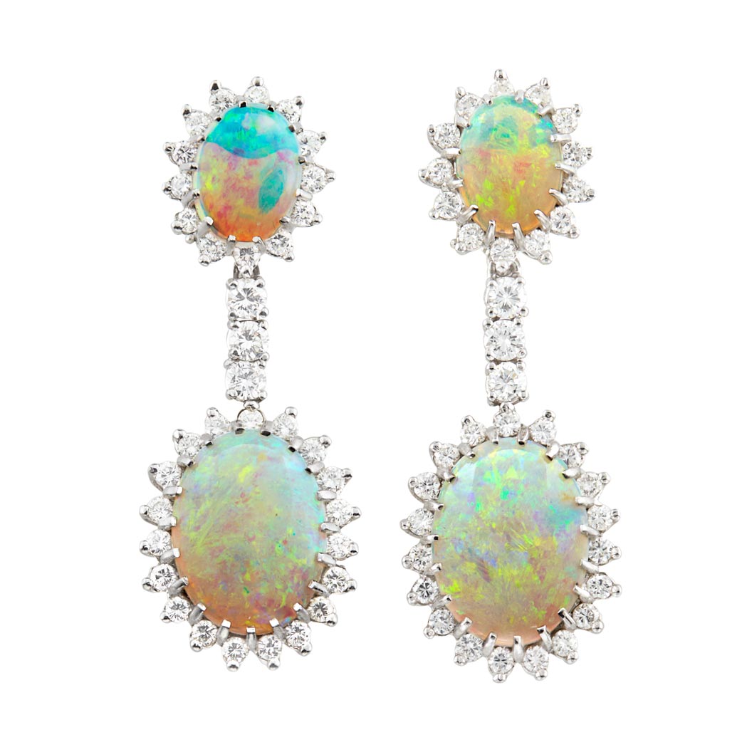 Appraisal: Pair of White Gold Opal and Diamond Pendant-Earrings oval opals