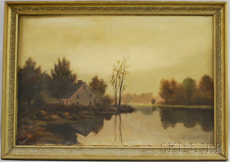 Appraisal: American School th Century View with a Lake House Signed