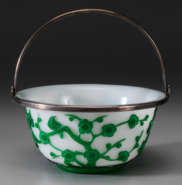 Appraisal: Green Overlay Glass Bowl Chinese mid th century white ground