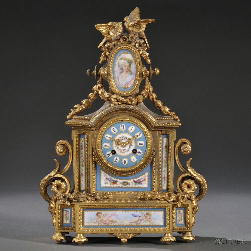 Appraisal: Sevres-style Porcelain-mounted Gilt Metal Mantel Clock France th century lovebird