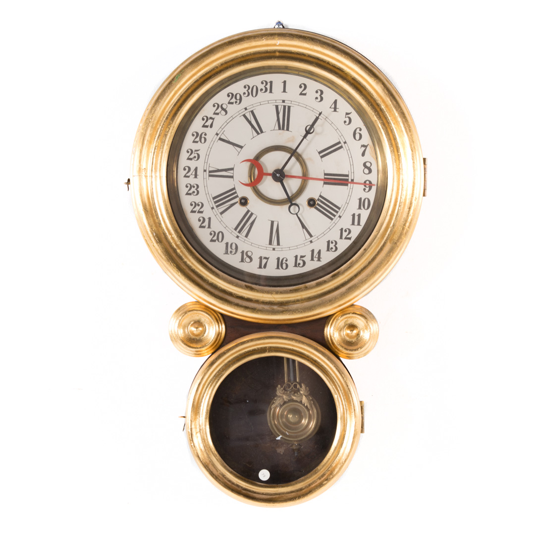 Appraisal: Victorian calendar wall regulator clock gold leaf front doors time