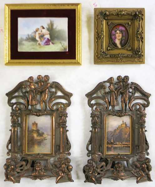 Appraisal: FOUR MINIATURES Oil on porcelain of woman and cupid signed