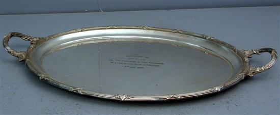 Appraisal: Silver plated two handled oval tray h w in