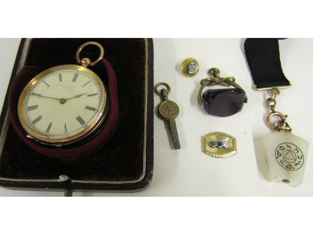 Appraisal: Lot comprising ct gold cased fob watch Masonic ribbon fob