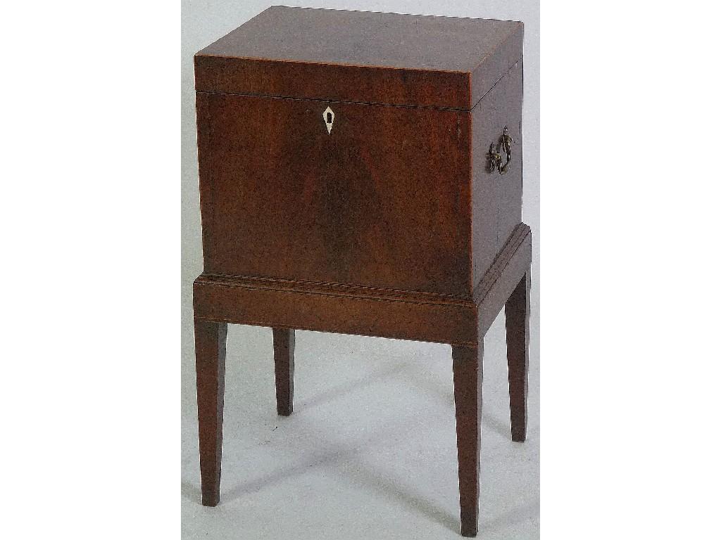 Appraisal: GEORGIAN CROSSBANDED AND LINE INLAID FIGURED MAHOGANY CELLARETTE the hinged