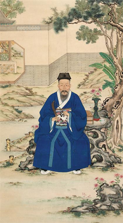 Appraisal: Chinese ancestral portait qing dynasty Color wash and ink on