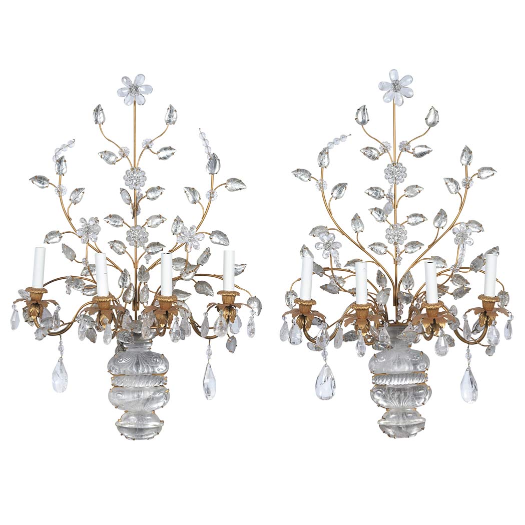 Appraisal: Pair of Neoclassical Style Gilt-Metal and Rock Crystal Four-Light Sconces