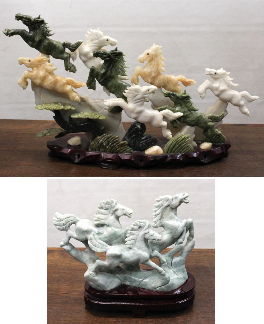 Appraisal: TWO CHINESE CARVED SOAPSTONE FIGURAL SCULPTURES depicting a herd of