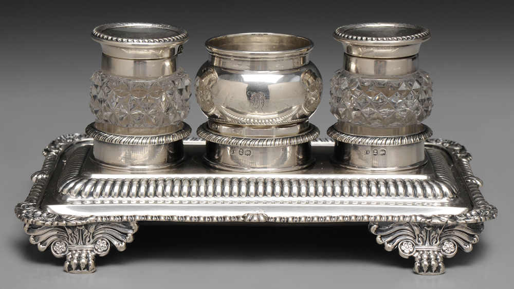 Appraisal: English Silver Ink Stand London rounded rectangular base gadroon border