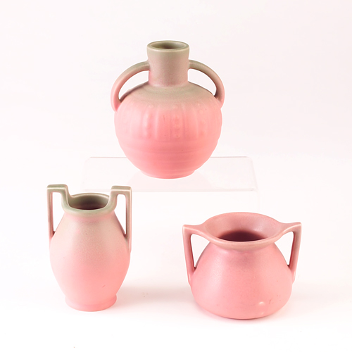 Appraisal: ROOKWOOD Three Production two-handled vases in matte pink and green