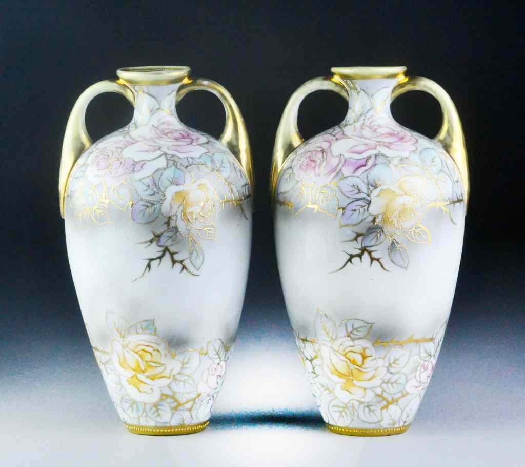 Appraisal: Pr Of Hand Painted Gold Gilt Nippon VasesFinely painted to