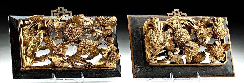 Appraisal: Pair th C Chinese Gilt Wood Panels w Nature Scenes