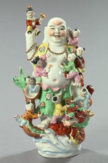 Appraisal: Tall Chinese Porcelain Multiple-Figure Group featuring a laughing Ho-tei standing