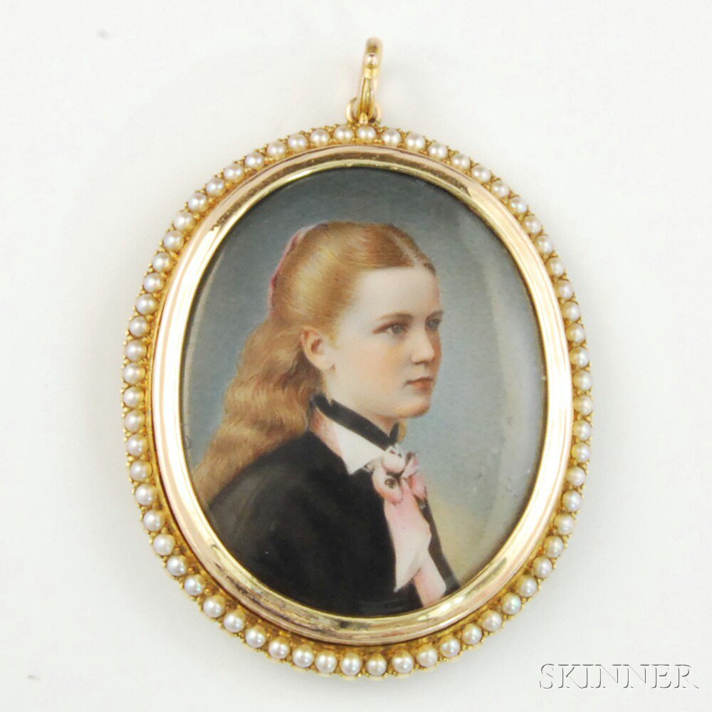 Appraisal: Gold-framed Portrait Miniature Pendant the miniature of a girl wearing