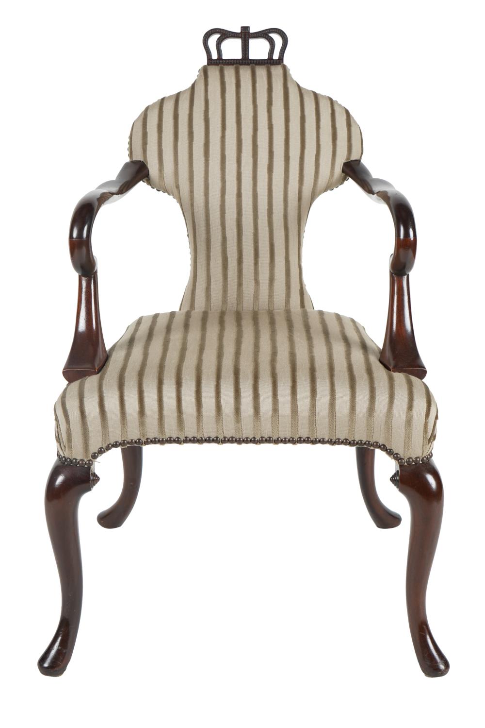 Appraisal: GEORGIAN STYLE MAHOGANY OPEN ARMCHAIRwith striped upholstery inches wide inches