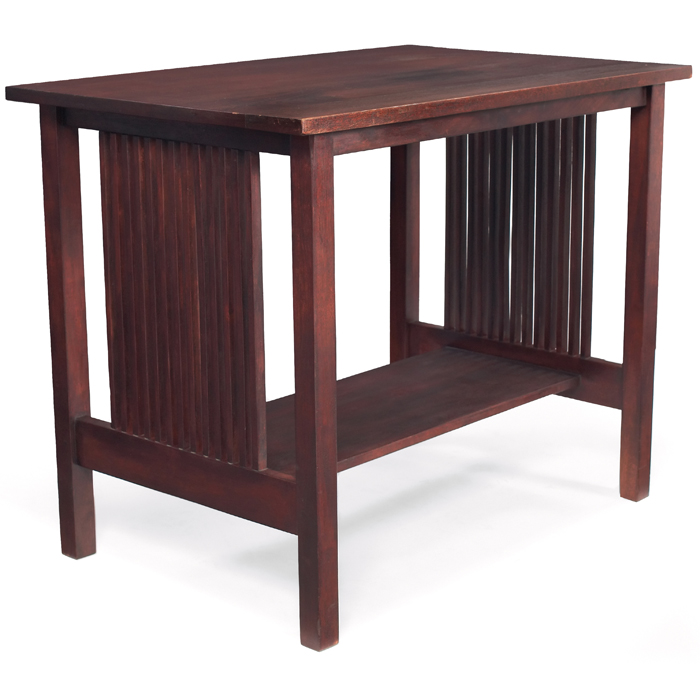 Appraisal: Gustav Stickley table in mahogany rectangular top over spindled sides