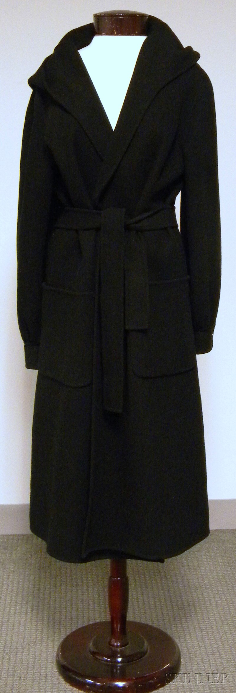 Appraisal: Lady's Salvatore Ferragamo Hooded Black Wool Overcoat open in the