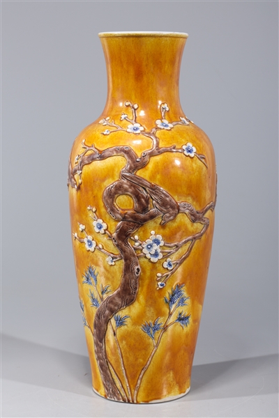 Appraisal: Chinese ochre glazed porcelain vase with birds and blossoming tree