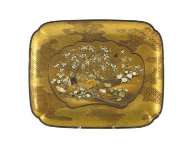 Appraisal: A Japanese gold lacquer rectangular tray intricately decorated in mother-of-pearl