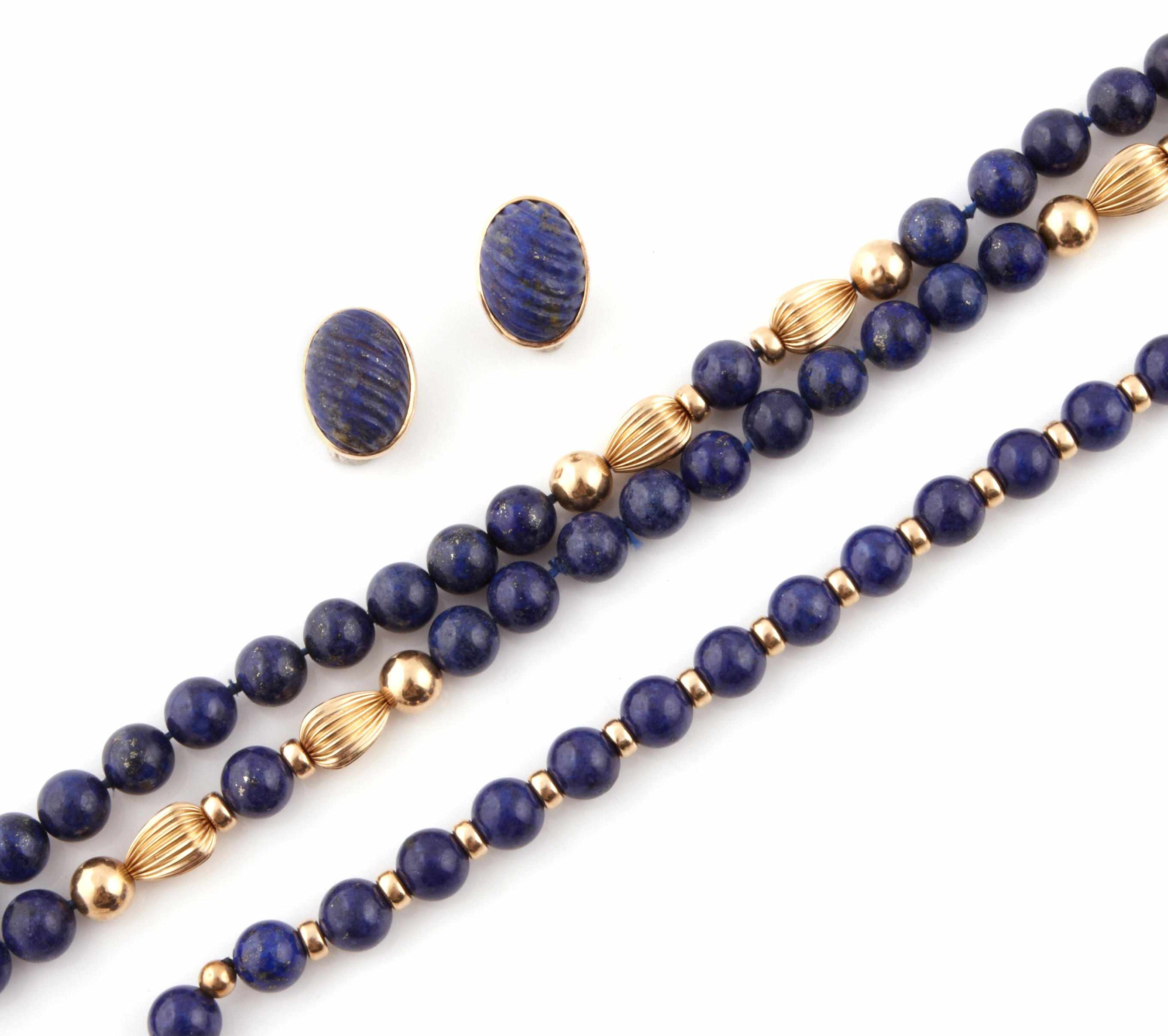 Appraisal: A group of lapis lazuli and gold jewelry comprising a