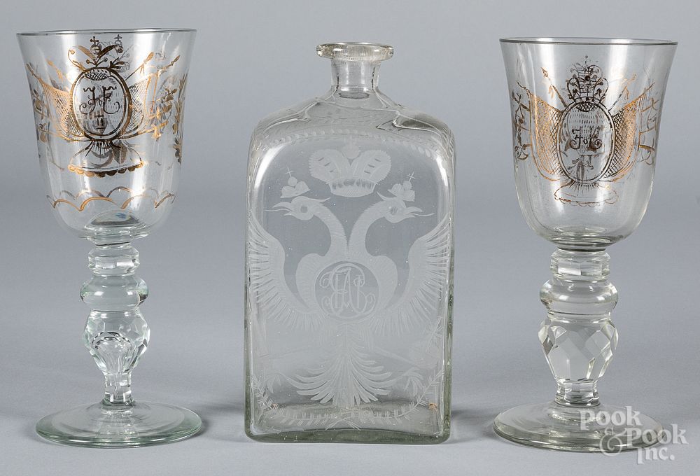 Appraisal: Engraved glass bottle with heraldic eagles etc Engraved glass bottle