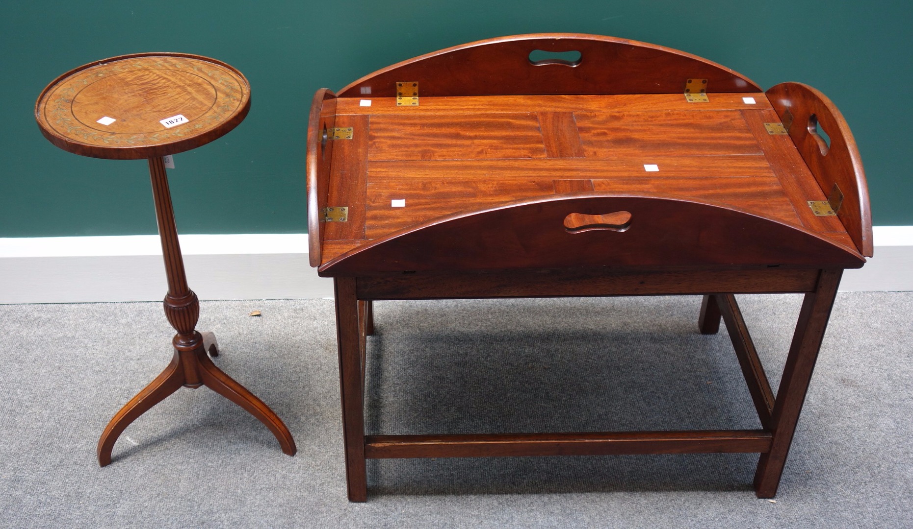 Appraisal: A late th century marquetry inlaid satinwood tripod table stamped