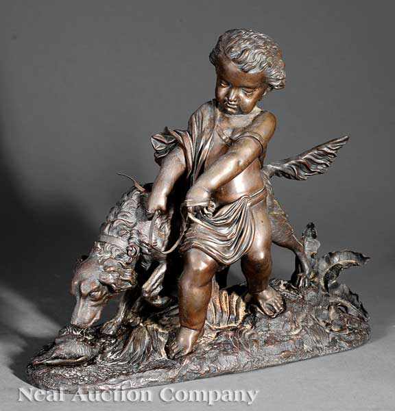 Appraisal: A Bronze Group of Cupid Restraining a Setter from a