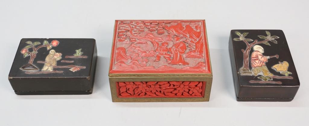 Appraisal: Chinese lacquer boxes black lacquer boxes with hardstone insets each