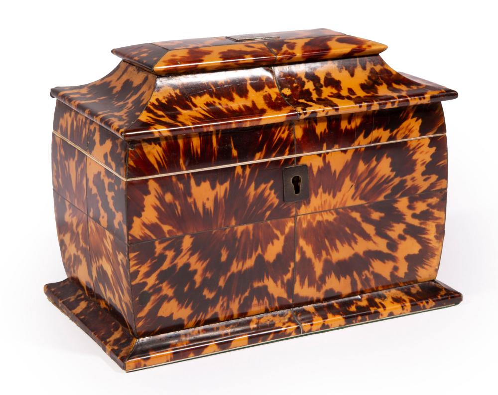 Appraisal: George III Tortoiseshell Tea Caddy th c pagoda-form interior with