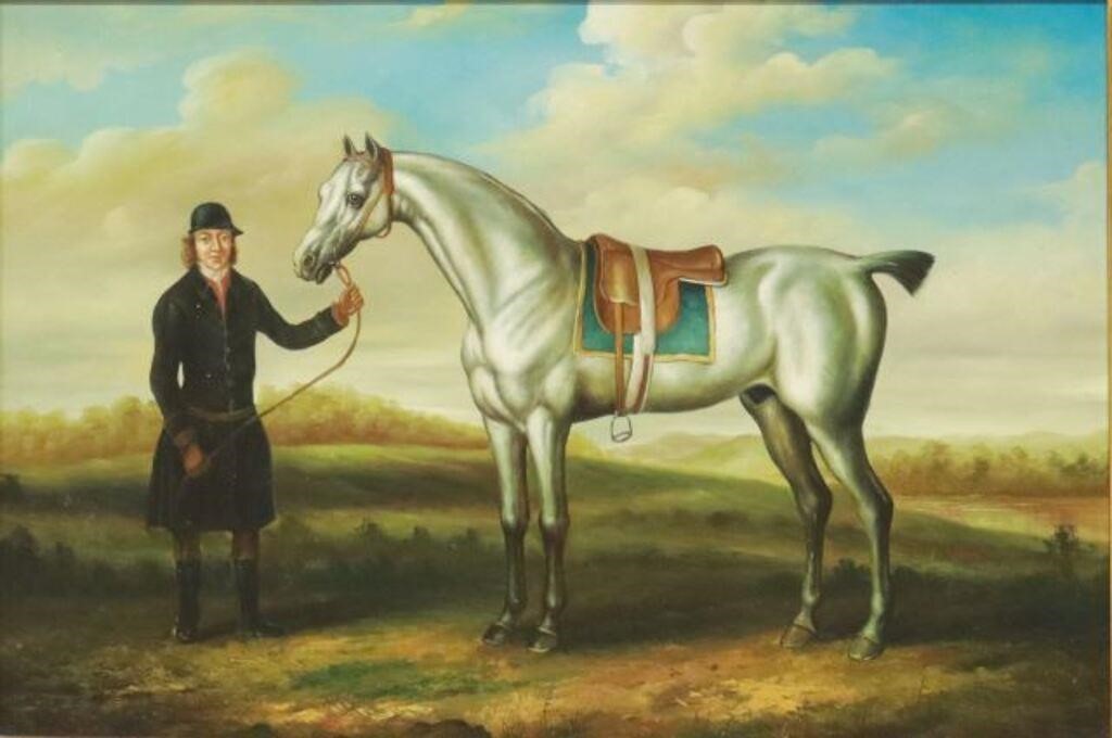 Appraisal: Decorative framed oil on canvas painting Saddled Grey Racehorse Held