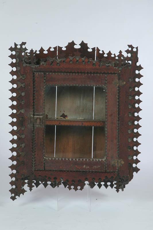 Appraisal: TRAMP ART HANGING CUPBOARD American early th century mixed woods