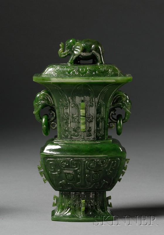 Appraisal: Jade Covered Jar Tsun form with elephant mask jump rings