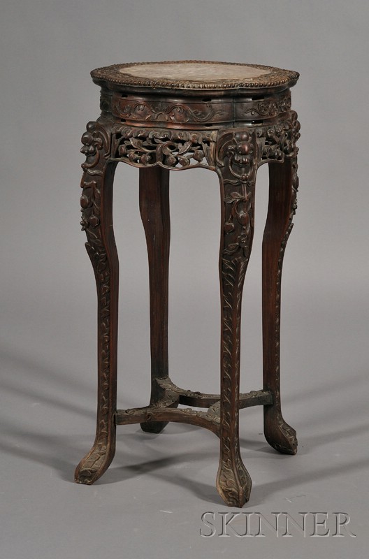 Appraisal: Chinese Export Carved Hong Mu and Marble-top Stand elaborately carved