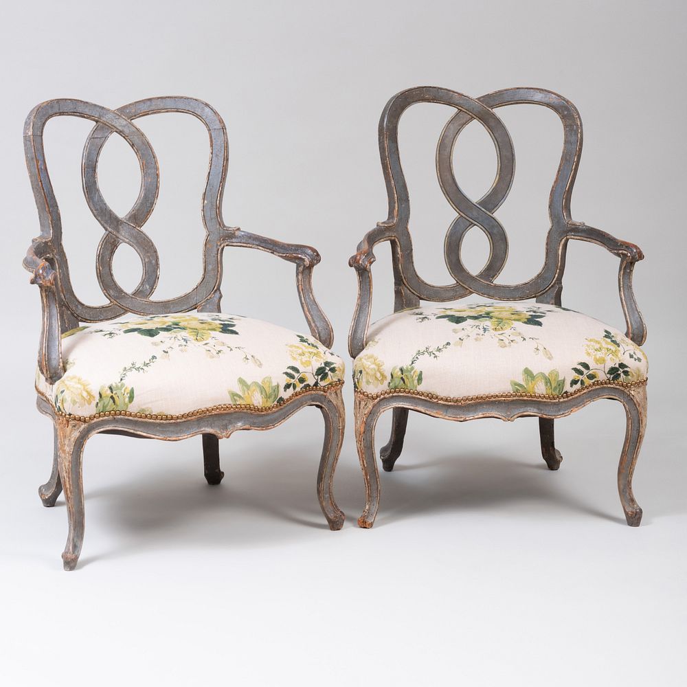 Appraisal: Pair of Italian Rococo Painted Armchairs Probably Venetian Upholstered in