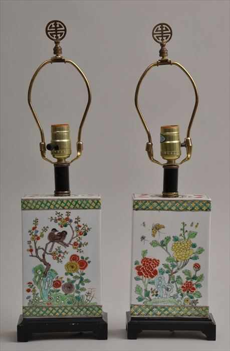 Appraisal: PAIR OF FAMILLE VERTE-STYLE PORCELAIN TABLE LAMPS Each of block-form