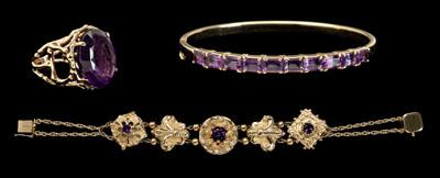 Appraisal: Amethysts bracelets ring kt yellow gold mounts bangle bracelet set