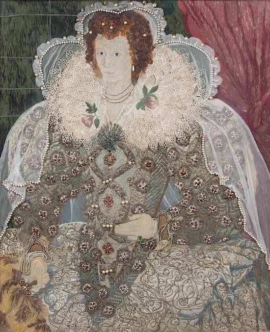 Appraisal: An English Embroidered Jeweled and Applique Portrait of Queen Elizabeth