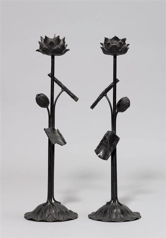 Appraisal: TWO CANDLESTICKS Japan th c H cm Bronze In the