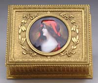 Appraisal: GOOD BRASS JEWELRY BOX WITH ENAMELED PORTRAIT Outstanding round enameled