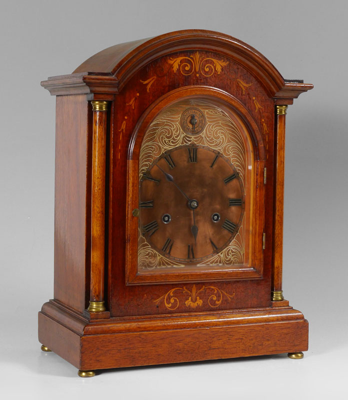 Appraisal: ENGLISH MARQUETRY INLAID MANTLE CLOCK Mahogany domed mantle clock with