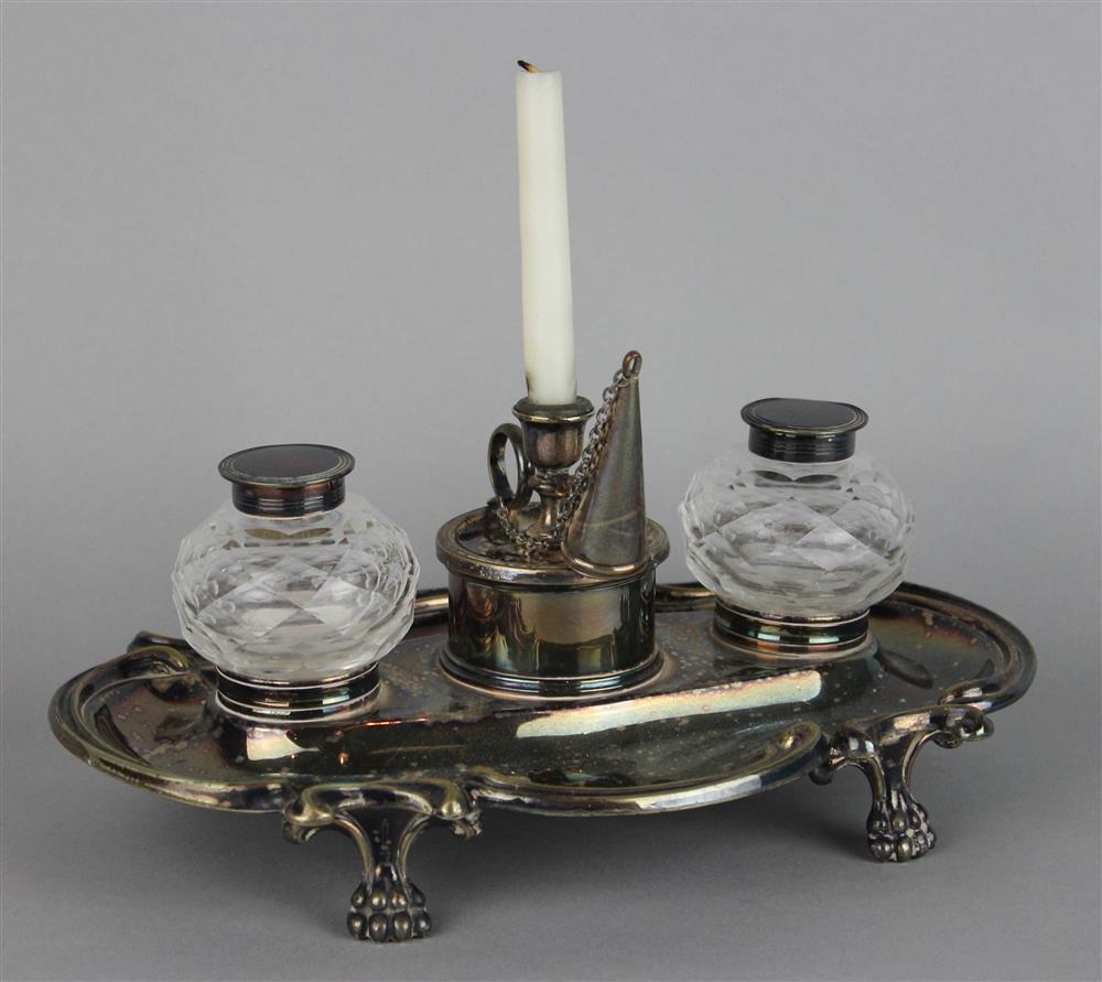 Appraisal: SILVERPLATE AND CUT GLASS INK STAND the dished cartouche-shaped stand