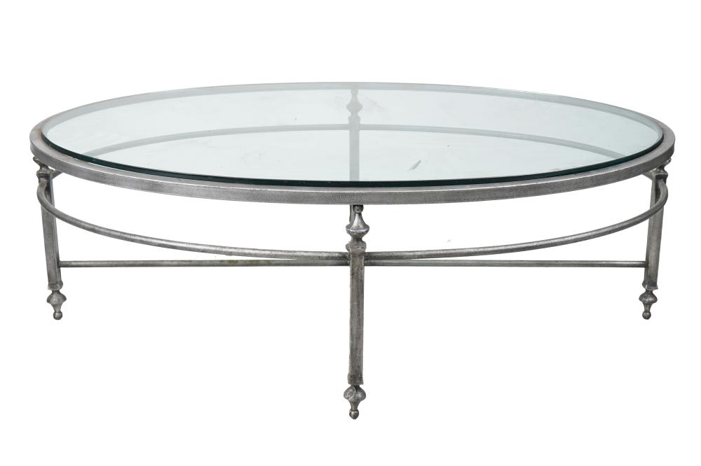 Appraisal: OVAL PAINTED METAL GLASS TOP COFFEE TABLEwith silver paint inches