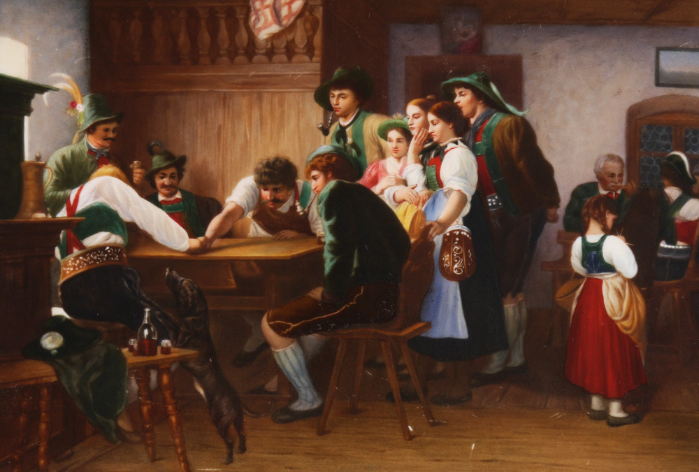 Appraisal: PAINTED PORCELAIN PLAQUE German Tavern Genre Scene with Men ''