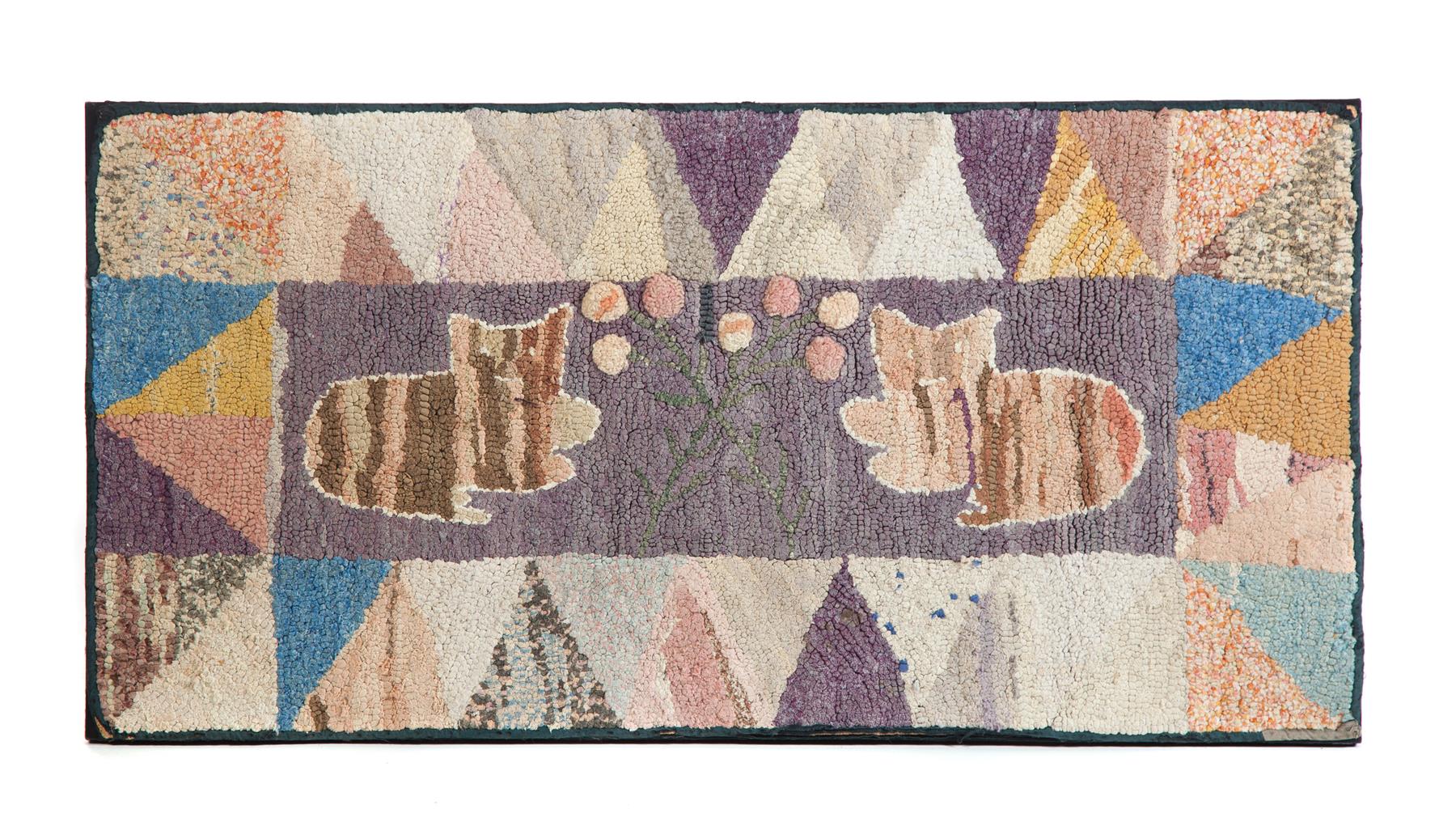 Appraisal: AMERICAN HOOKED RUG Early th century Two cats flanking a