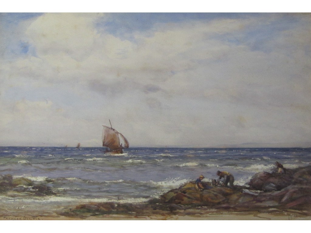 Appraisal: PATRICK DOWNIE - SEASCAPE WITH FISHING BOATS AND FIGURES Watercolour