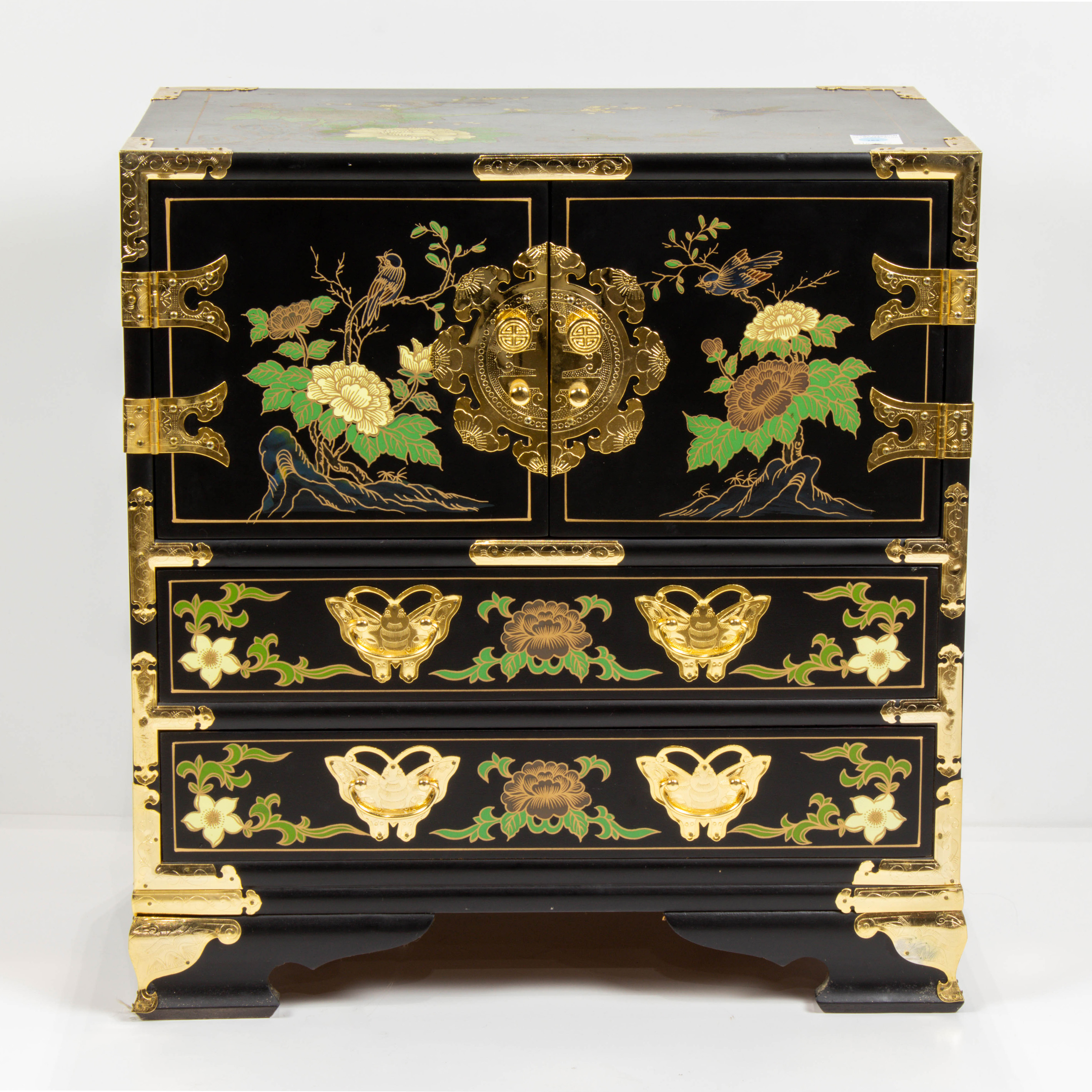 Appraisal: CHINESE LACQUER DECORATED CHEST WITH BRASS FITTINGS Chinese lacquer decorated