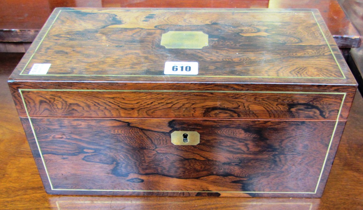 Appraisal: An early th century brass inlaid rosewood rectangular tea caddy