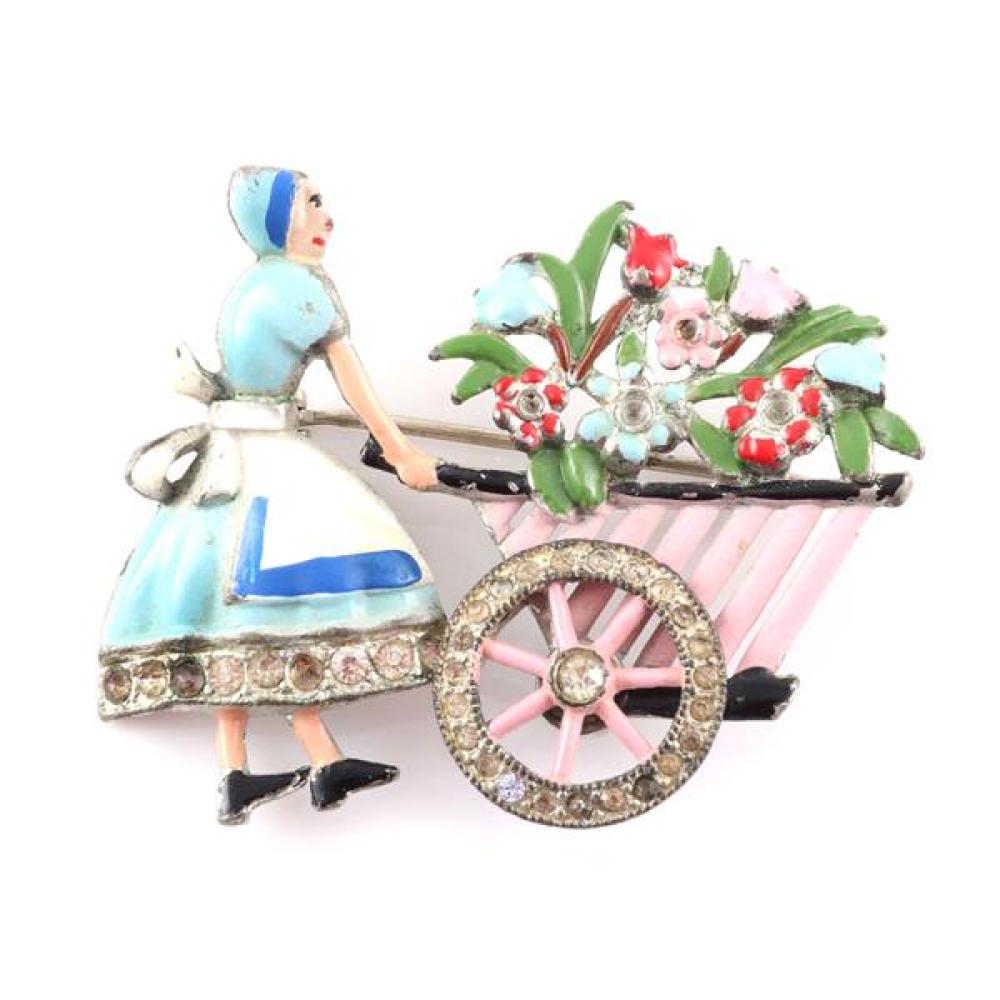 Appraisal: VINTAGE S UNSIGNED CORO DUTCH WOMAN WITH FLOWER CART ENAMEL