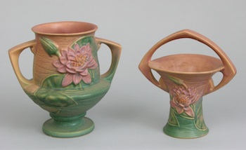 Appraisal: Two Pink to Aqua Roseville Water Lily Vases Two pink