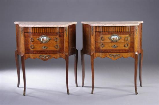 Appraisal: PAIR LOUIS XVI-STYLE MARBLE-TOP PETITE COMMODES Early th century burl